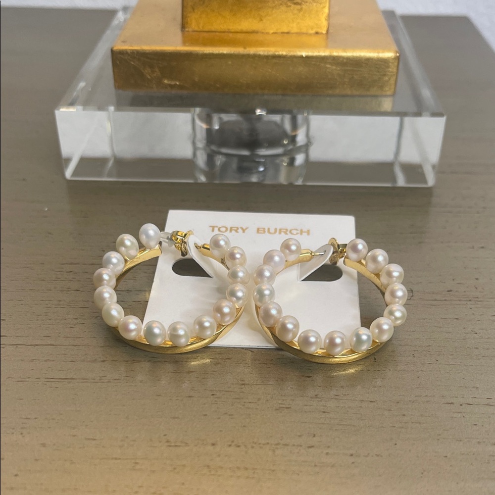 Tory Burch Gold Hoop Earrings with Pearls